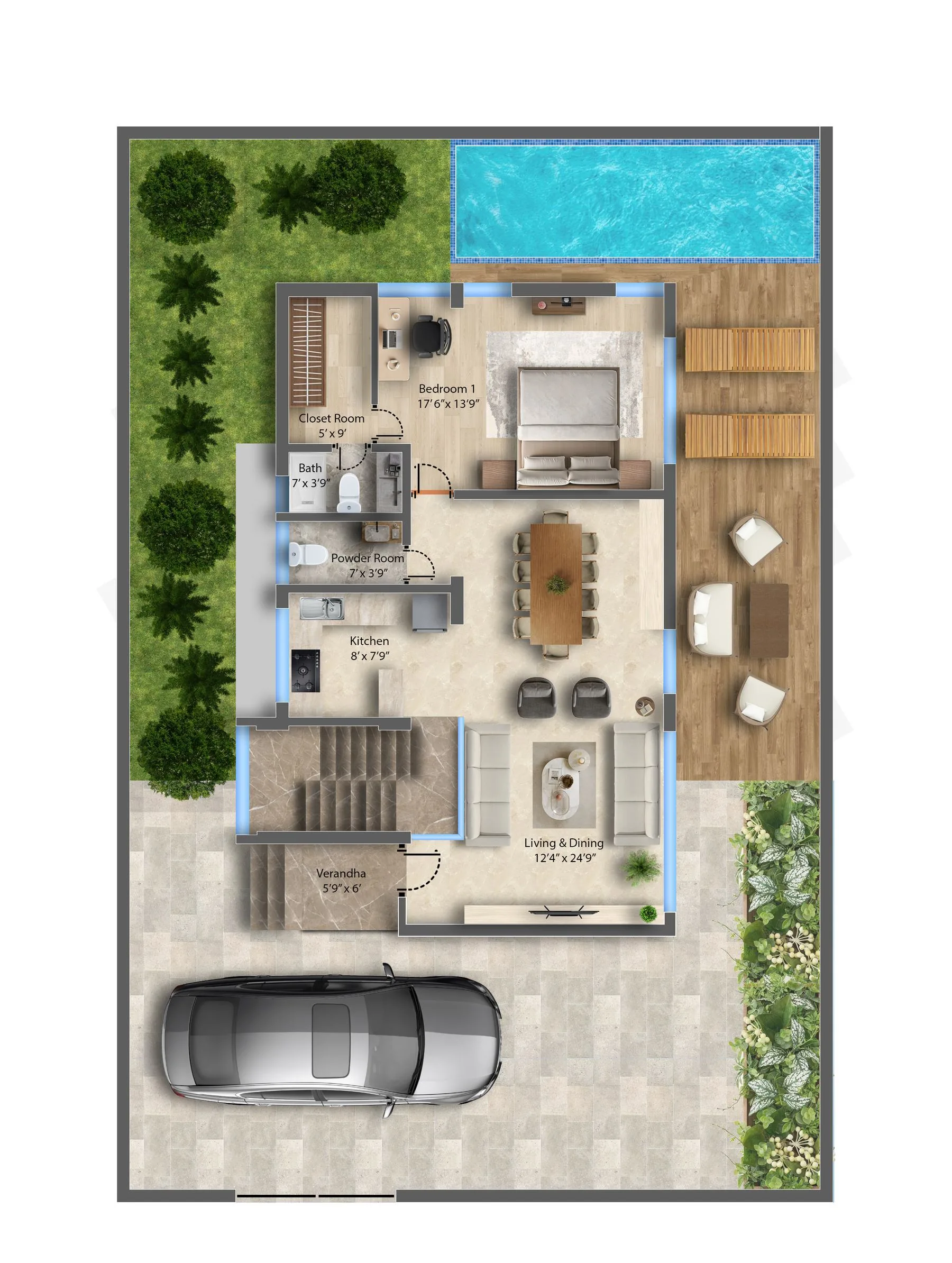 Luxury villa ground floor plan with private pool - Misty Hills Karjat